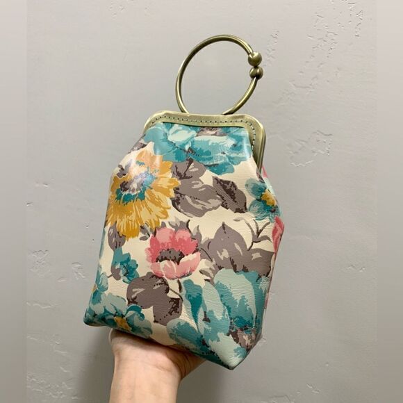 Handsewn Vintage Style Genuine Leather Floral Print Kiss lock Wristlet/Crossbody - Picture 7 of 15